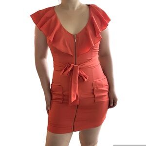 Vintage Y2K 2000s Bebe Coral Orange Ruffle Sleeve Zip-Up Mini Dress Tie Belt S/M